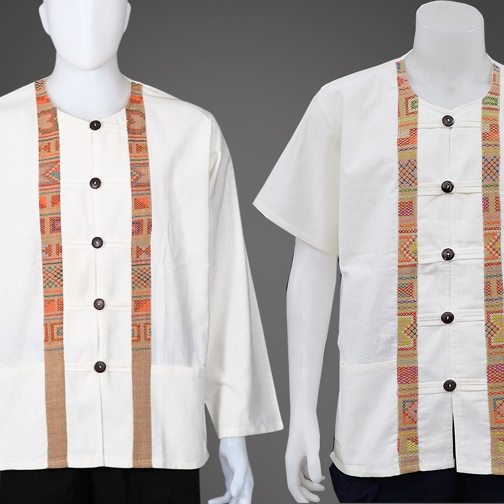 เสื้อผ้าฝ้าย เสื้อพื้นเมือง อาข่า สีขาวนวล แขนสั้น / แขนยาว แต่งผ้าทอลายอาข่า