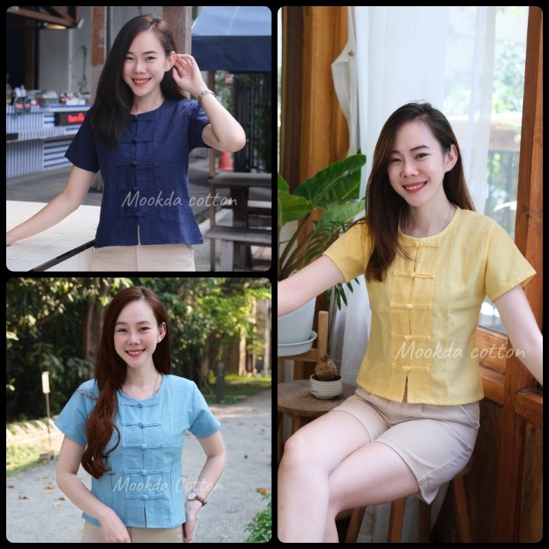 เสื้อผ้าฝ้ายคอกลมกระดุมผ้า