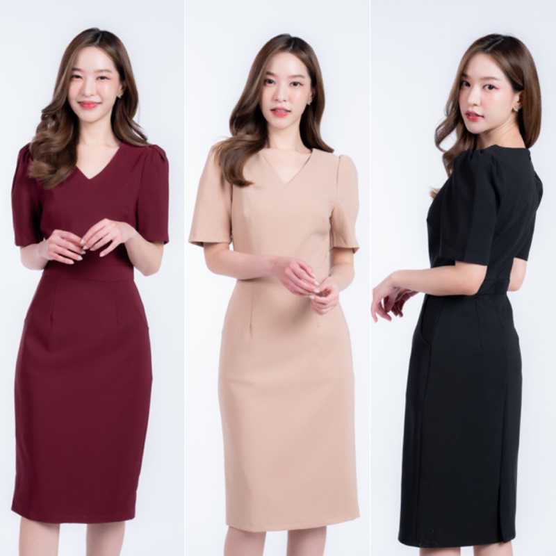 ✅ CA04 เดรสทำงานคอวี แขนตุ๊กตายก Classy and Beyou  brand ✅