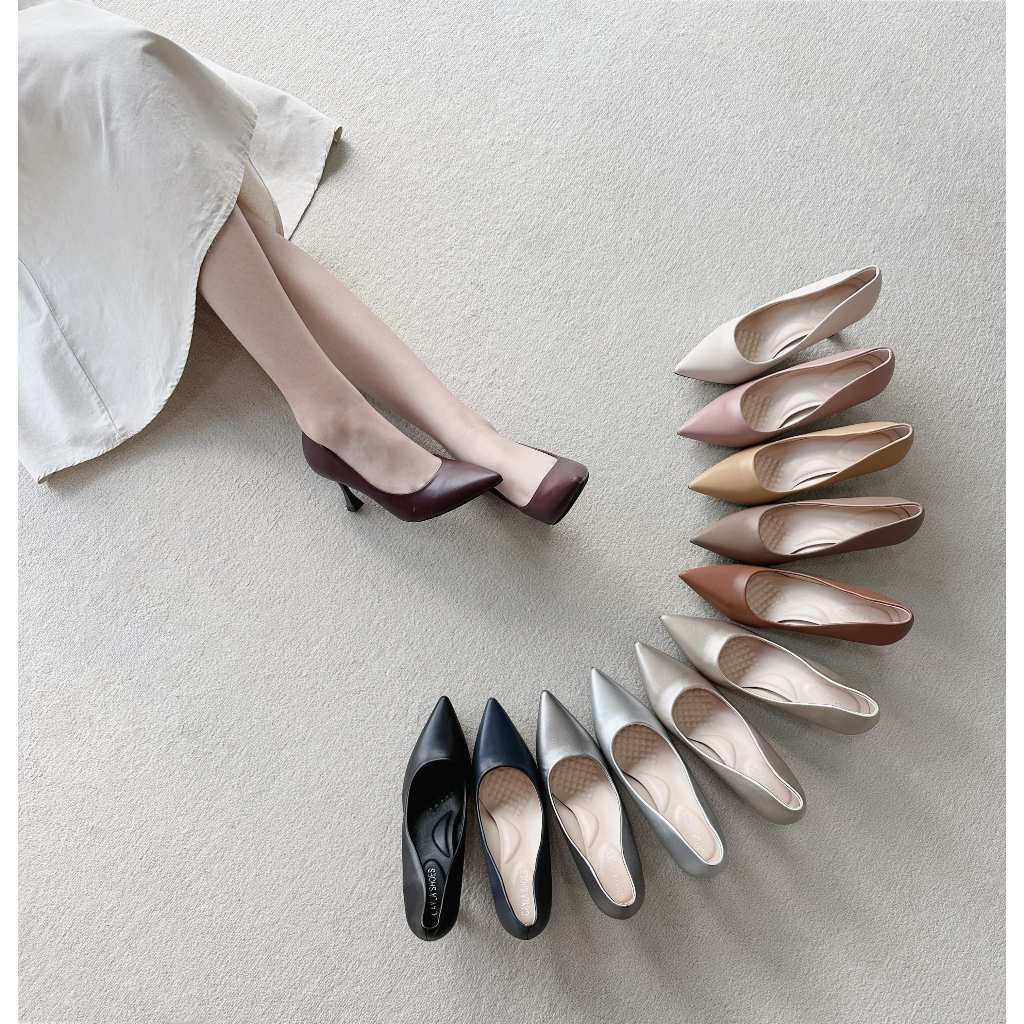 รองเท้าคัชชูผู้หญิง ส้น Champagne Heels รองเท้าคัชชูหัวแหลม ส้นสูง 2.5 นิ้ว หนังPU CayLaShoes (9933-1)