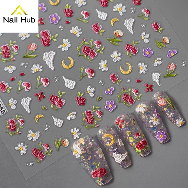 ST.422 ร้านไทย พร้อมส่ง สติกเกอร์ติดเล็บ5D (HG-5D216) ลายดอกไม้โทนสีแดง