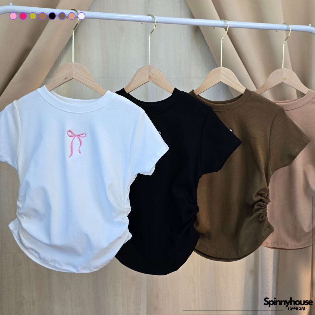 🌈SpinnyHouse🌈เสื้อยืดรัดรูป สาวอวบใส่ได้ ปักโบว์ใหญ่ 💝 ทรงสวย ใส่แล้วพรางหุ่น เอวคอดสุด แต่งย่นข้าง รุ่น ปักโบว์ใหญ่