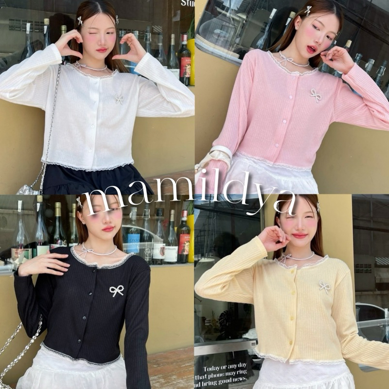 แถมเข็มกลัดโบว์ Mamildya.shop เสื้อแขนยาวคาดิแกนผ้าไหมพรมร่องใหญ่/K3-4 /COOK-แกนโบว์