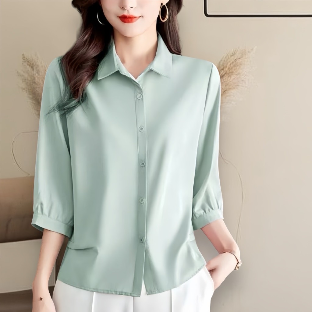Richstyle-J36เสื้อเบลาส์สำหรับผู้หญิง เสื้อคอปกเชิ่ตแขนสามส่วน ใส่ทำงาน สำหรับผู้หญิงสาวอวบ