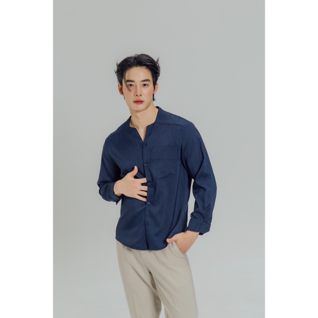 KINS | เสื้อเชิ้ตคอวี กระดุมผ่าหน้า พร้อมกระเป๋าด้านหน้า มี 5 สี เสื้อเชิ้ตผู้ชาย เสื้อแขนยาว (KS05)