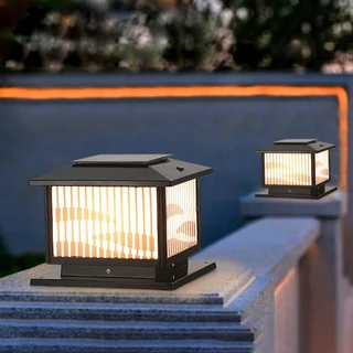 โคมไฟทรงเหลี่ยม โคมไฟหัวเสา solar light โคมไฟหัวเสาทรงกลม ไฟโซล่าเซล โซล่าเซลล์ ปรับได้ 4 สี ไฟสวนหลอด