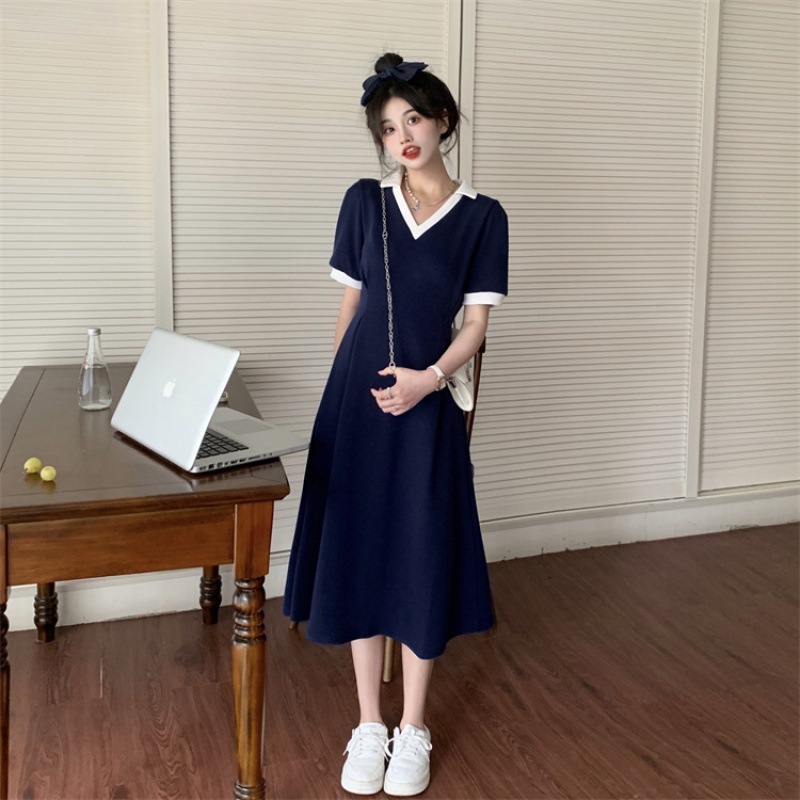 ( 4003 ) Dress เดรสผู้หญิงคอปก ชุดกระโปรงคอวี กระโปรงทรงกลม Circle Skirt ทรงเอวรัดรูป