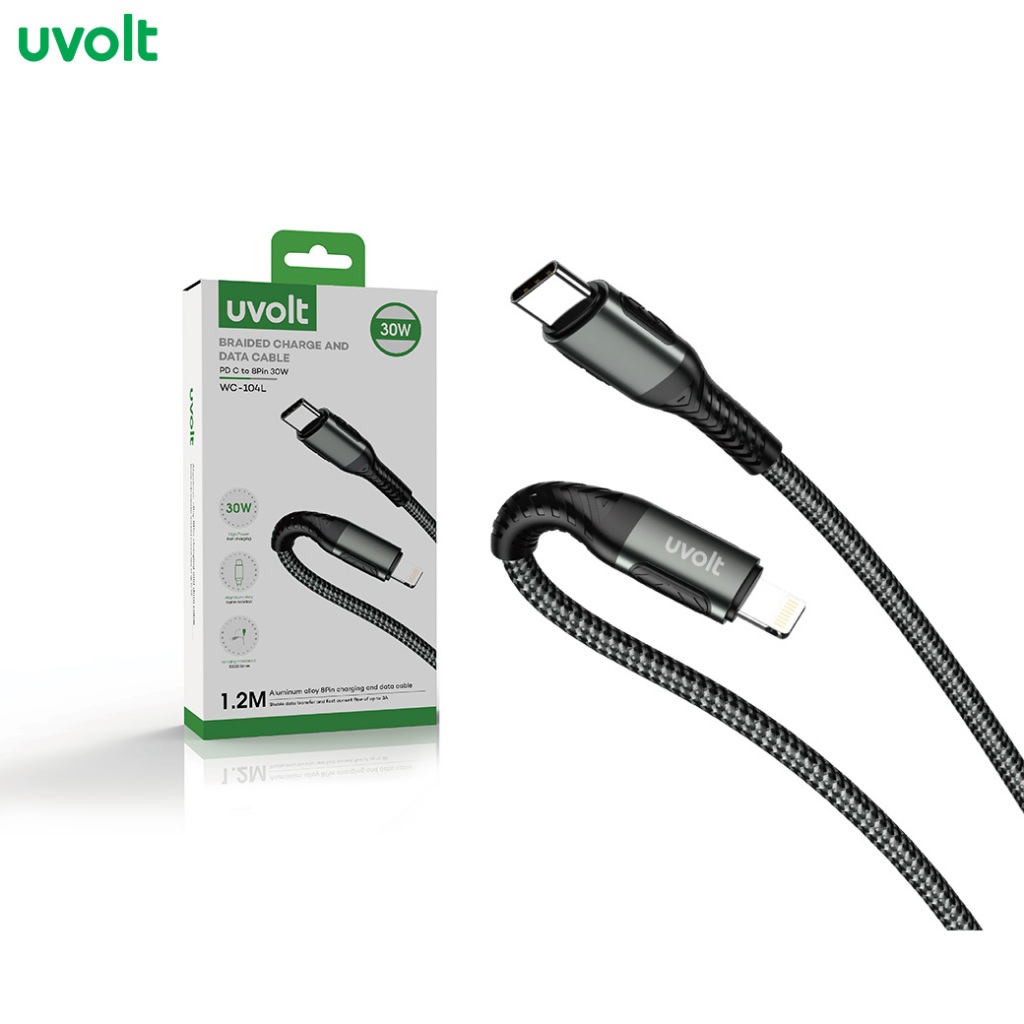 [รับประกัน 1 ปี] Uvolt WC104L สายชาร์จ Braided Charge And Data CAble USB C to 8PIN 30W