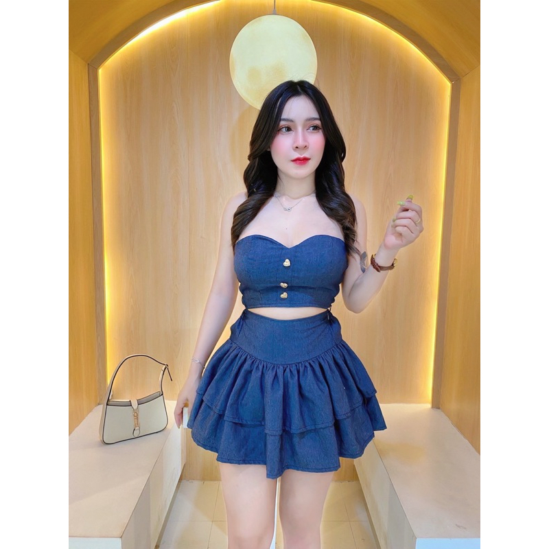 Phapassz - เซท2ชิ้น เกาะอกยีนส์ กระโปรงสไตล์สาวเวียดนาม Khnes