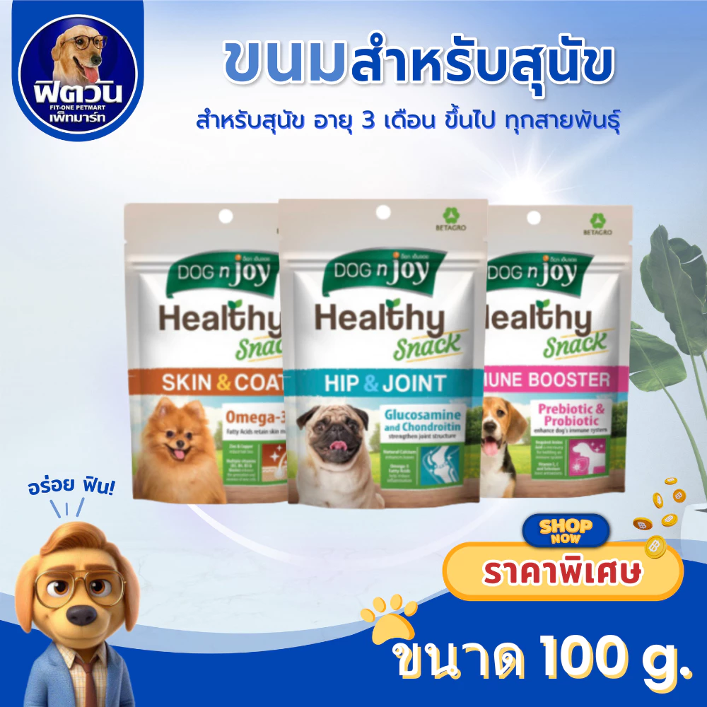Dog N joy Healthy Snack ด็อกเอ็นจอย ขนมขบเคี้ยวสำหรับสุนัขอายุ 1 ปีขึ้นไป ขนาด 100ก.{ขนม}