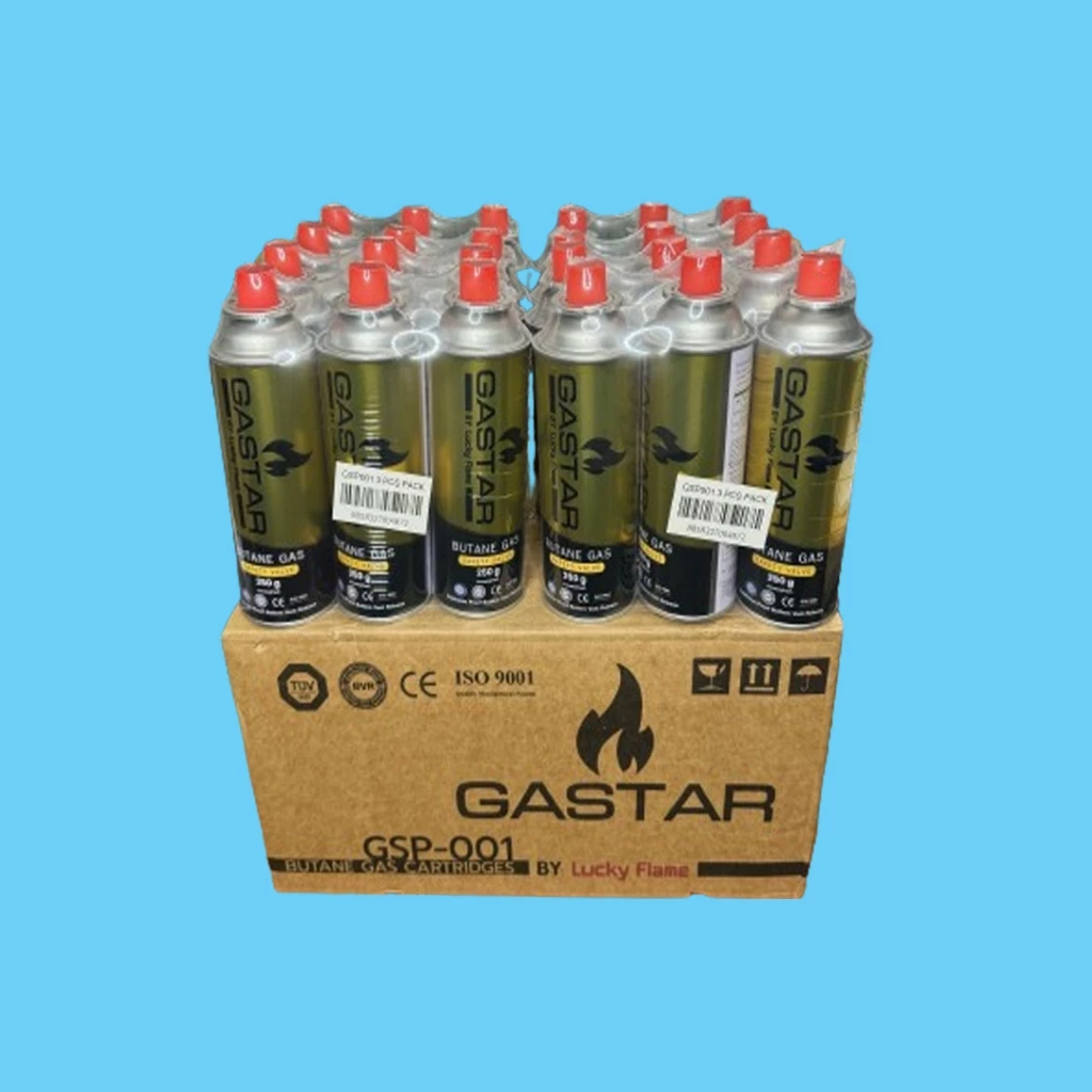 Lucky Flame ก๊าซกระป๋องบิวเทน [⚡ขายราคาส่ง⚡ซื้อยกลัง 1 ลัง : 24 กป.] ความจุกระป๋องละ 250กรัม ยี่ห้อลัคกี้เฟรม