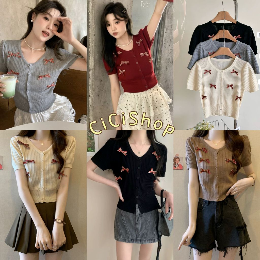Cicishop (P006) เสื้อไหมพรมคอวี กระดุมสามารถใช้งานได้จริง detail ตกแต่งโบว์ด้านหน้า สไตล์สาวเกาหลี