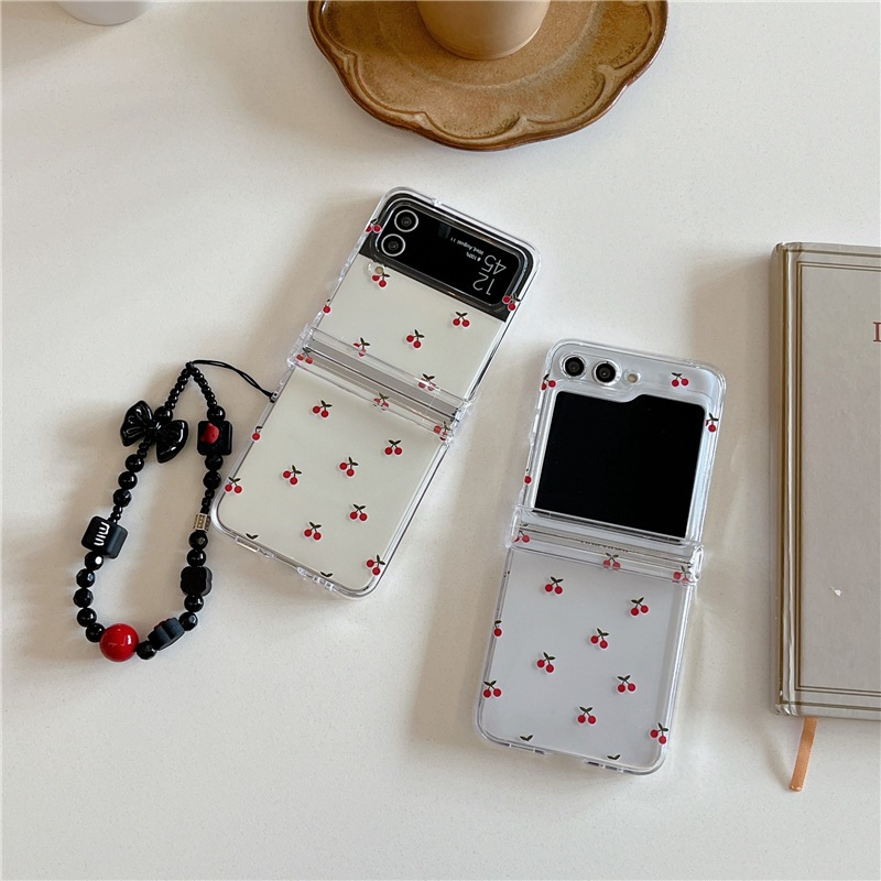 พร้อมส่งจากไทย ! เคสฟลิปลายมินิมอลเชอรี่ พร้อมสายคล้องมือสุดเฟียส for Samsung Galaxy Z Flip 6 Z Flip5 Z Flip4 Z Flip3