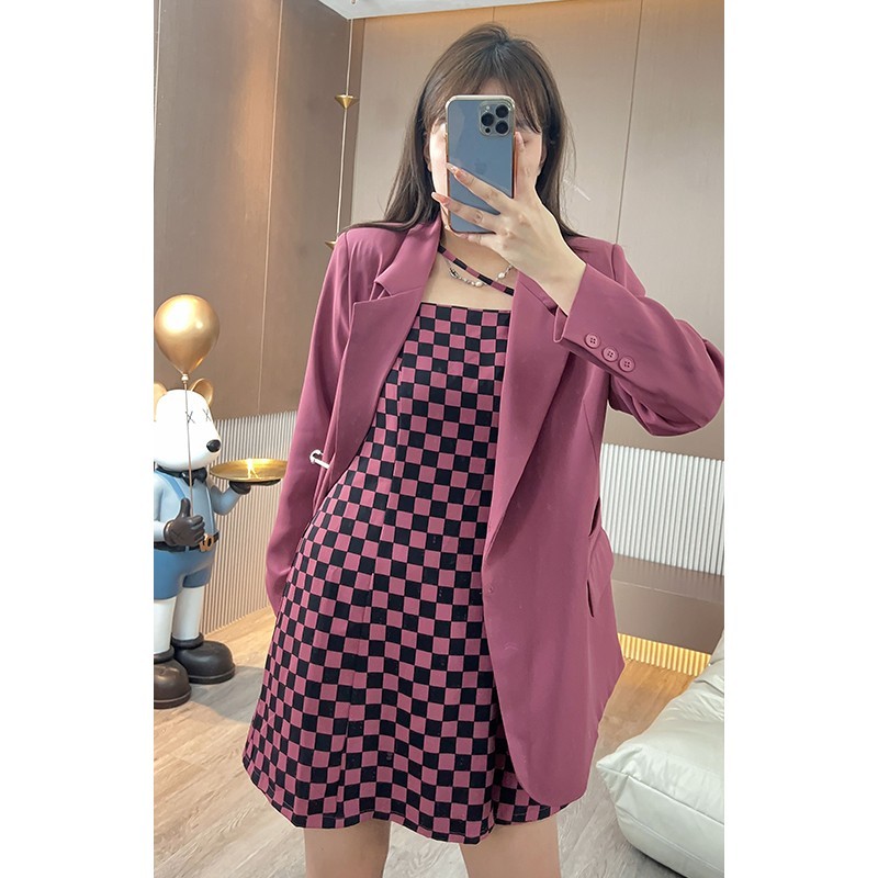 【ใหม่】M-4XL 2 สี เดรสไซส์ใหญ่ ลายตารางหมากรุก ชุดเซตสองชิ้น เสื้อนอกสูท+เดรส สไตล์สูท การแต่งกายประจำวันทำงาน เดรสสาวอวบ