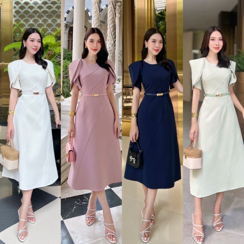 Shimmer มิดิเดรสคอกลมเรียบหรูเรียบร้อย