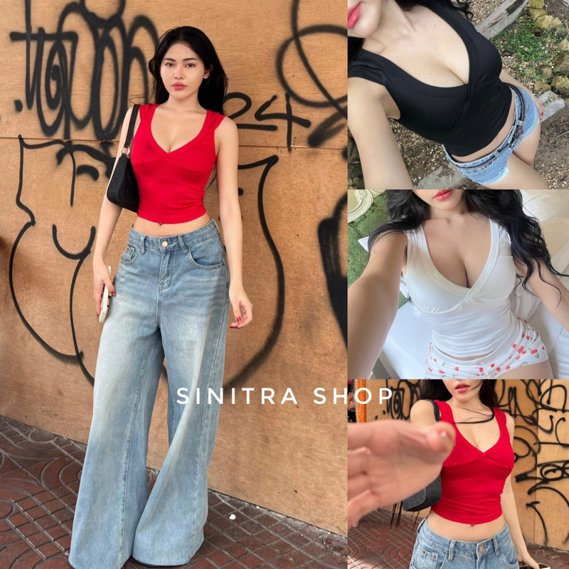Lady Crop เสื้อครอปคอวีแขนกุดทรงสวย สีแดง สีดำ สีขาว Sinitra Shop (พร้อมส่ง)