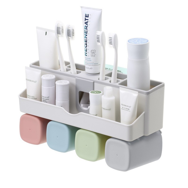 เครื่องบีบยาสีฟัน (พร้อมที่เก็บแปรงสีฟัน) แก้ว2ใบ 3ใบ 4ใบ ที่บีบยาสีฟัน ที่ใส่หลอดยาสีฟัน ที่กดยาสีฟัน ชั้นวางของในห้อง