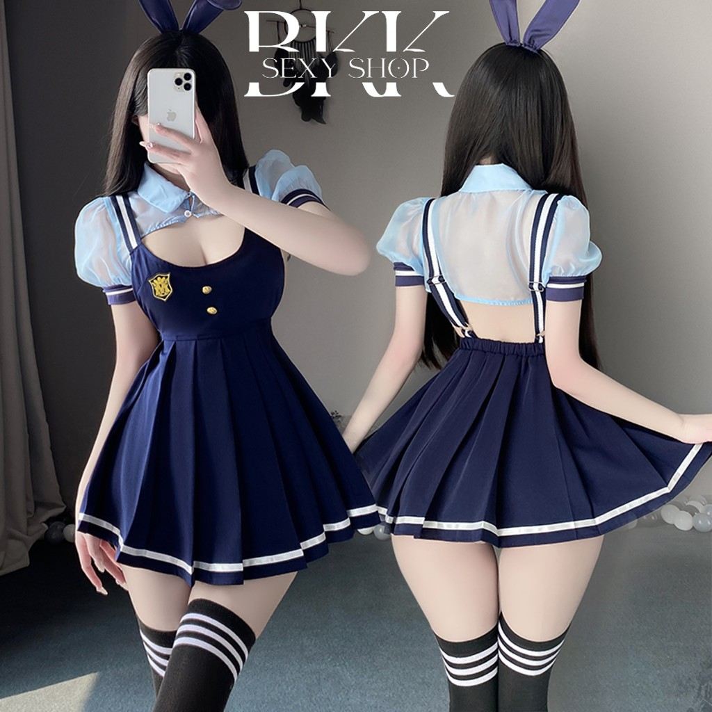 BKK SEXY ชุดตำตวจ ชุดเสื้อแขนสั้น ชุดคอสเพลย์ 🦝 กระโปรงทรงพลีสเอวยางยืด B-1252