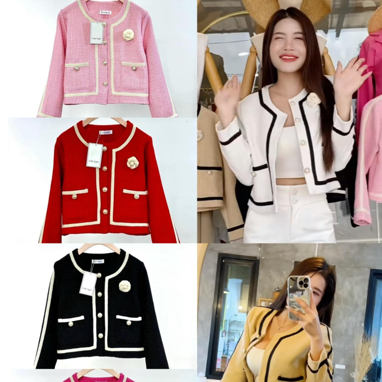 เสื้อทวิตแต่งแถบดำครีมกระเป๋าใช้งานได้จริงเข็มกลัดดอกไม้ Clothing Lady