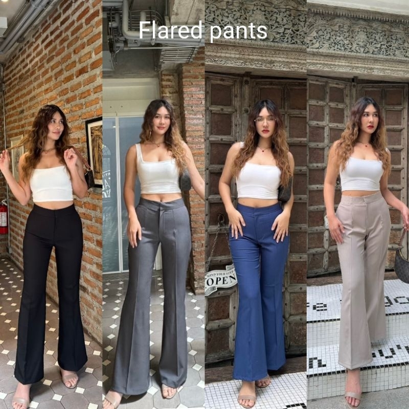 กางเกงขาม้าซิปหน้า (S-3XL) PIJIX Flared pants ผ้านิ่ม ใส่สะบาย งานตะขอ เก็บทรงสวยมาก