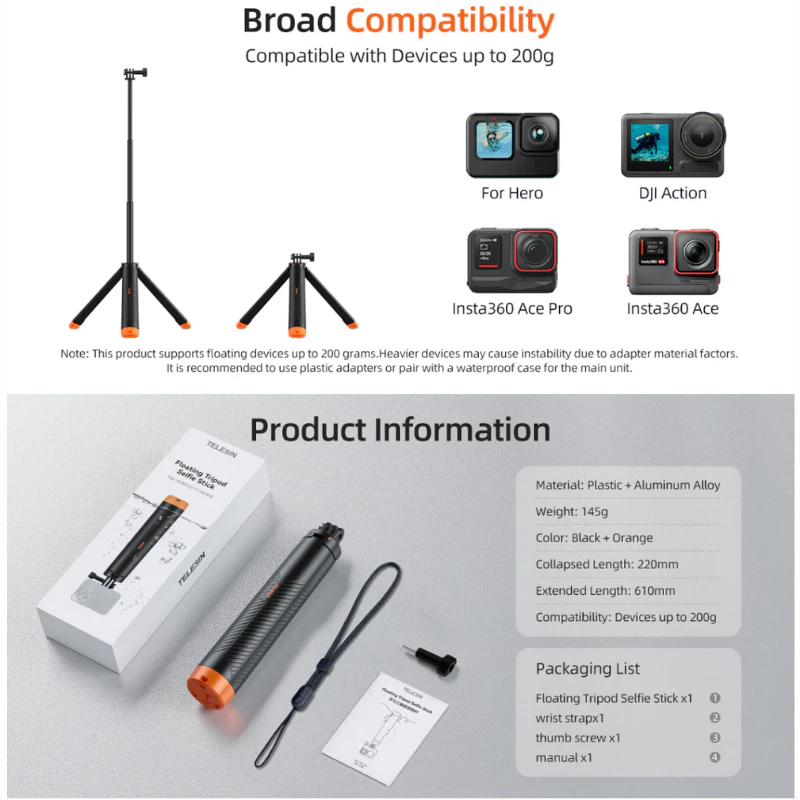 Telesin Floating Tripod Selfie Stick for GoPro / Insta360 / DJI Osmo360 / Action 6/5Pro/4/3 thumbnail 8