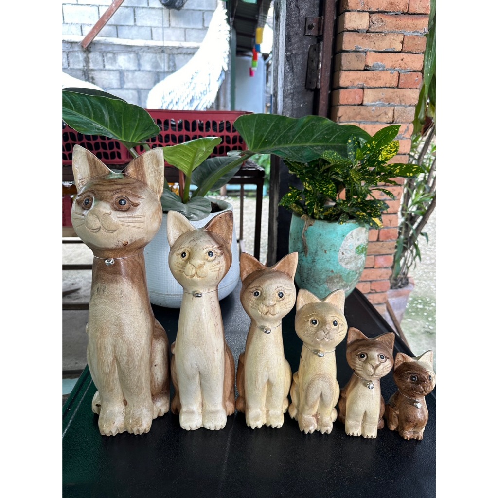 แมวไม้จามจุรี สีธรรมชาติ ตุ๊กตาแมว แกะสลัก 5ขนาด ขายเดี่ยว โมเดลแมว ของขวัญ น่ารัก