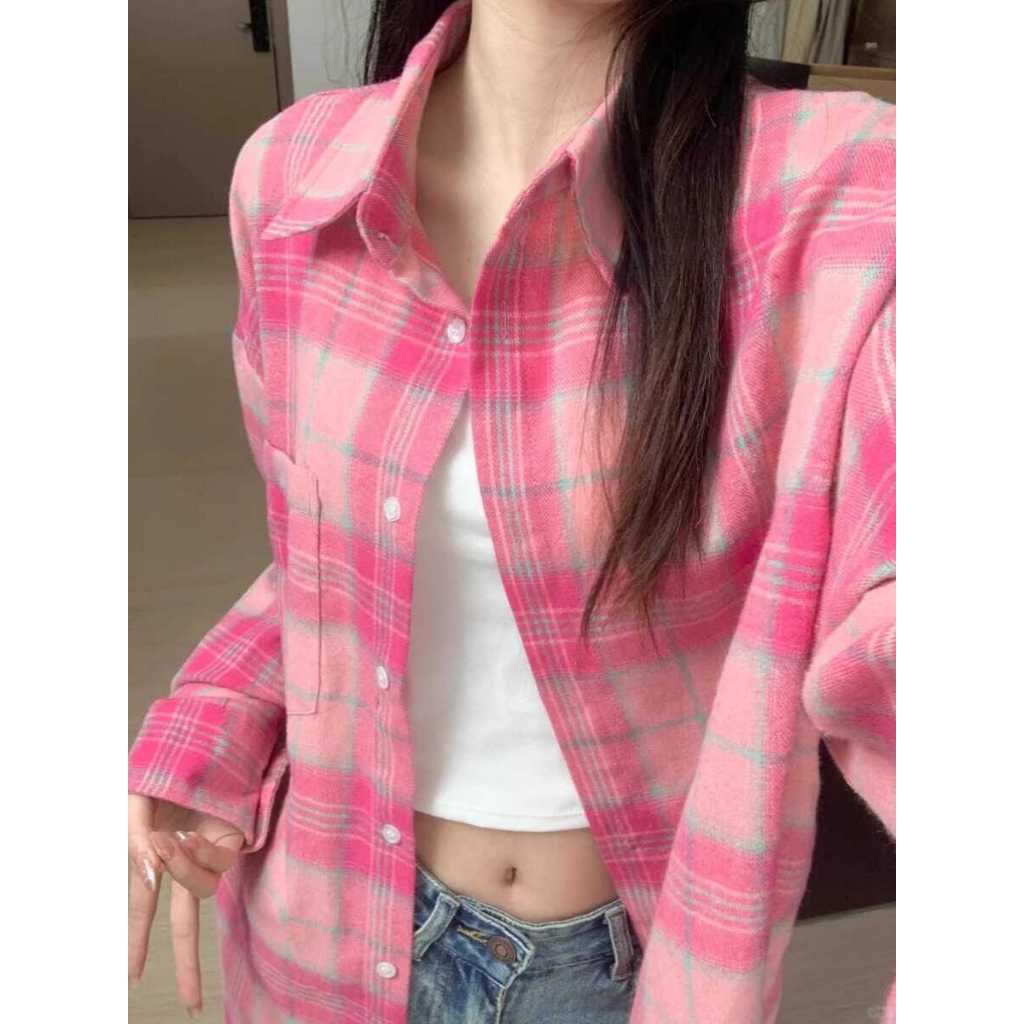 เสื้อเชิ้ตคอปกลายสก็อตแขนยาวสำหรับผู้หญิง CTB145 ผ้านุ่มใส่สบาย ไม่ร้อน สีชมพูอก38 ฟรีไซส์ พร้อมส่ง