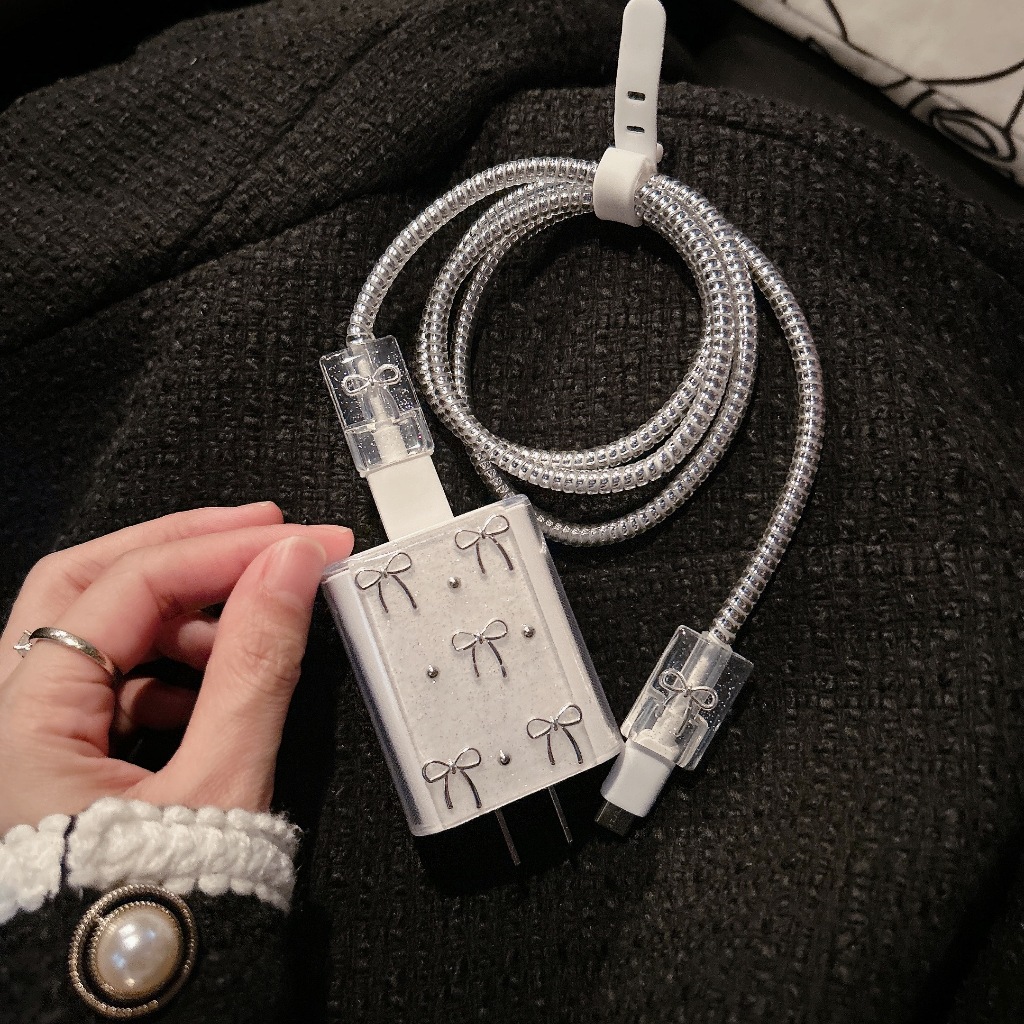 พร้อมส่งจากไทย โบว์เงิน ชุดพันสาย เคสหัวชาร์จ ลายการ์ตูน ตัวถนอมสาย USB oppo 80w 67w vivo33w 44w ถนอมสายชาร์จ - รูปที่ 2