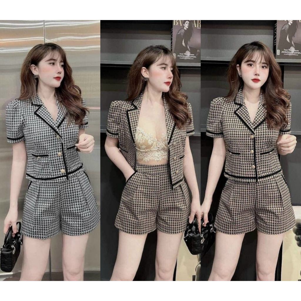 พร้อมส่ง ชุดเซตผ้าวูลเวฟพิมพ์ลาย เสื้อครอปทรงสูทกระเป๋าหน้ากระดุมเมอแรงหน้าแต่งกุ้น+กางเกงเอวเรียบสม็อคหลังแต่งกุ้นกระเป