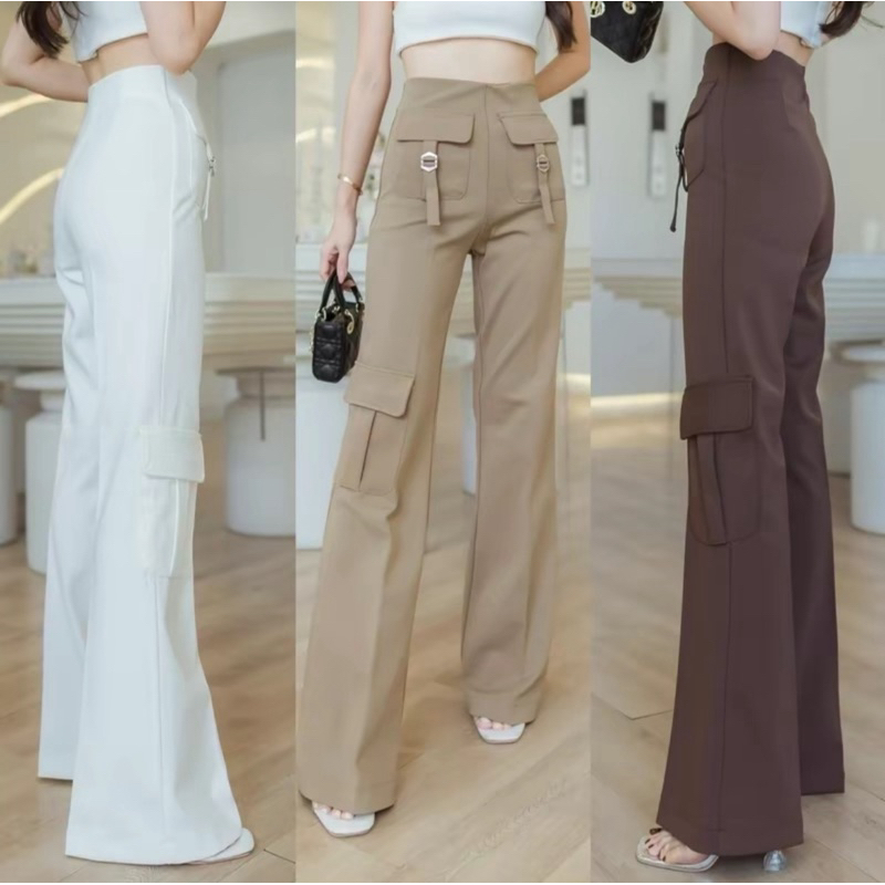 Lady Cargo-pants กางเกงคาร์โก้ขาม้าเล็กทรงบอยผ้าโรเชฟ