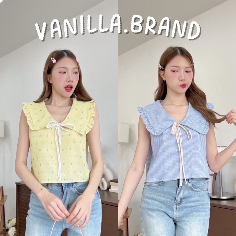 เสื้อแขนกุดคอปกระบาย ผ้าคอตตอล -kn / VB0386