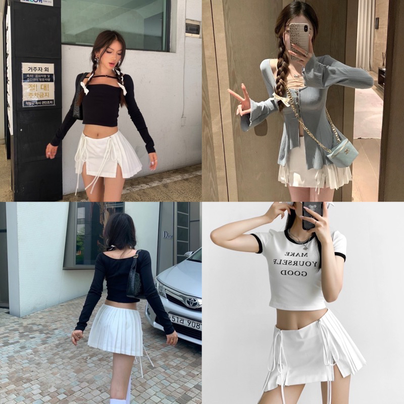 กระโปรงสั้นเอวยืด อัดจีบหลัง แต่งซิป+ผ่าหน้า ผูกโบว์เก๋ๆ ฟรีไซส์#68 - รูปที่ 7