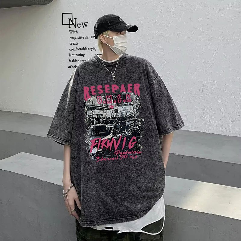 เสื้อฟอกวินเทจผู้ชาย cotton100% oversize เสื้อผ้าแฟชั่นวัยรุ่น เสื้อโอเวอร์ไซส์สไตล์เกาหลี สกรีนลายเท่ ทรงสเก็ตเท่ๆ 3XL