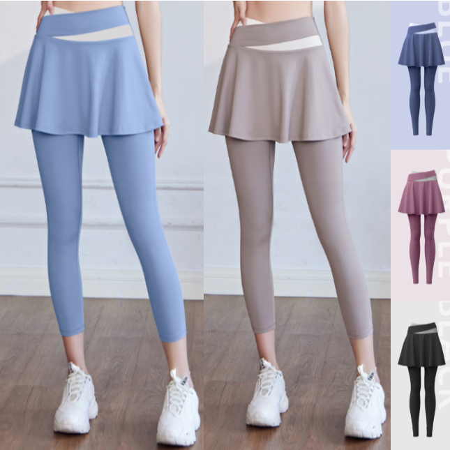 (YOGA-048) กางเกงกระโปรงออกกำลังกาย กางเกงโยคะฟิต เอวสูงเก็บหน้าทอง ผ้าใส่สบาย (ไม่มีกระเป๋า)