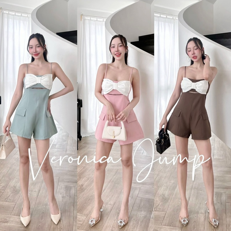 Wendystore182(Veronica Jump)งานจั้มขาสั้นสายเดี่ยวแต่งโบว์