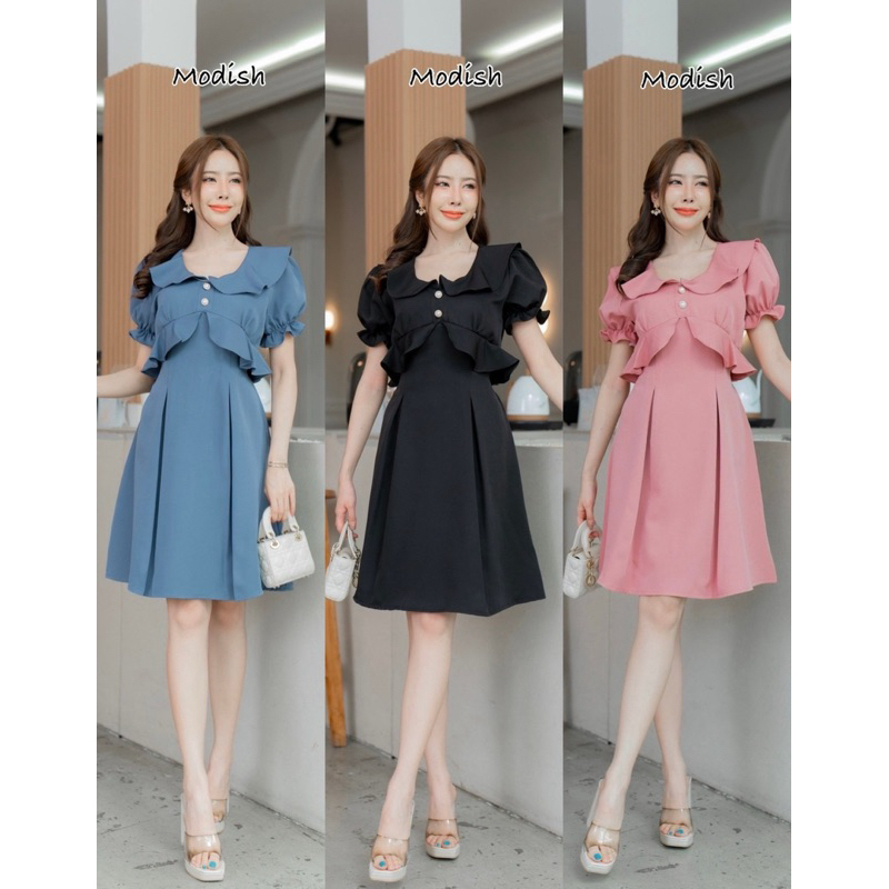 Ella dress เดรสปกบัว กระโปรงจับจีบเเต่งกระดุม ป้าย Modish