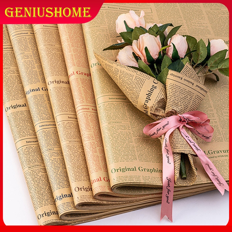 💐กระดาษห่อช่อดอกไม้💐 กระดาษคราฟท์ 20แผ่น/แพ็ค ลายหนังสือพิมพ์ ห่อพัสดุ 50*70cm ม้วนริบบิ้นผ้าซาติน สําหรับตกแต่งง💐🎁