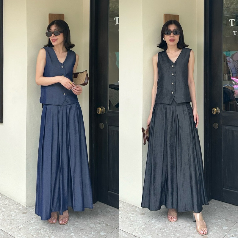 เปิดพรี Cotton Denim Vest เสื้อสูทแขนกุด คอวี กระดุมหน้า มีเข็มขัด Maxi Skirt กระโปรงผ้า cotton เดนิม ตัวเย็บตัดต่อ