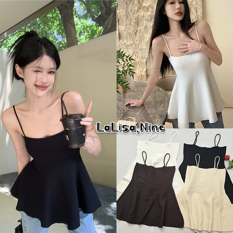Lalisa พร้อมส่ง เสื้อสายเดี่ยวไหมพรมผู้หญิง croptop สีพื้น ทรงยาวสีพื้นแขนกุด Y2Kเซ็กซี่ รัดรูป ชุดไปทะเล สาวอ้วนใส่ได้
