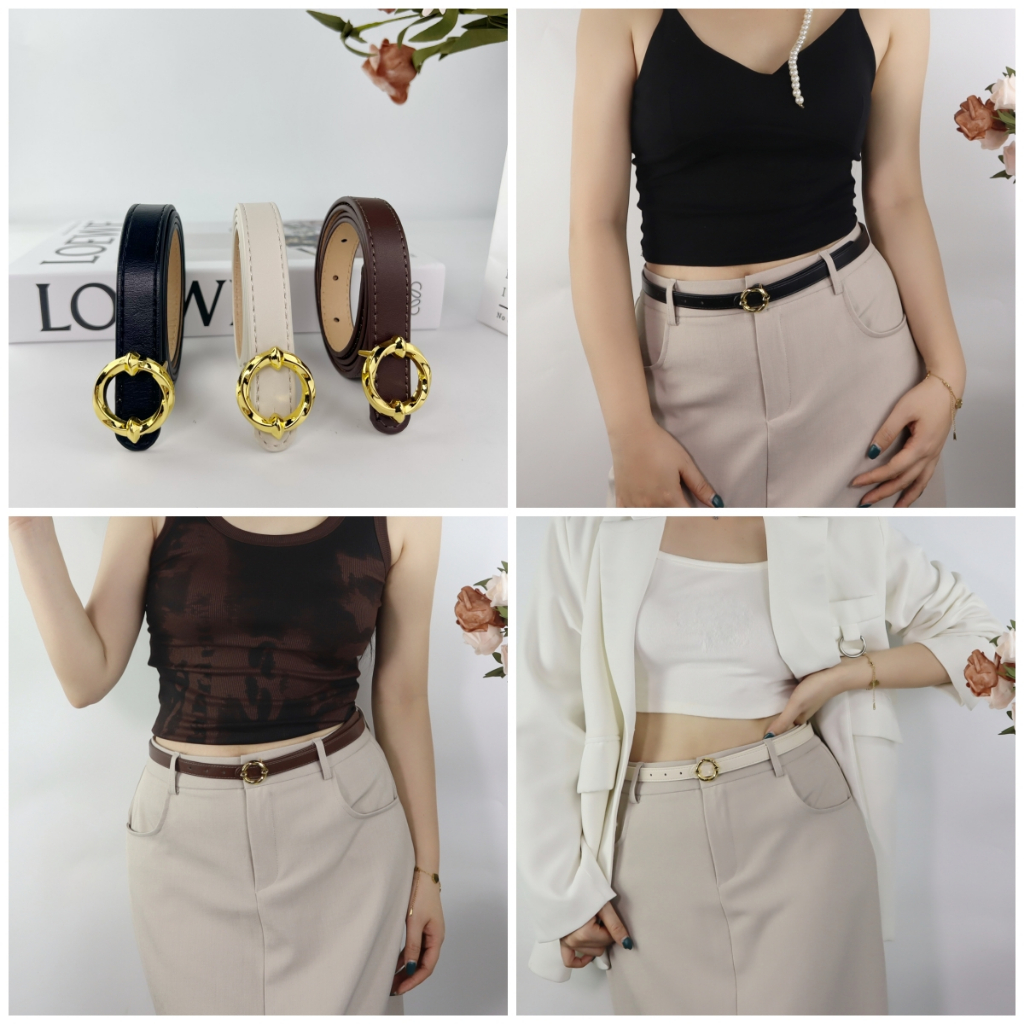 พร้องส่ง เข็มขัดสไตล์เรียบหรู เส้นเล็ก แฟชั่นสำหรับผู้หญิง หัวกรมทอง เข็มขัดหนังpu (p135)