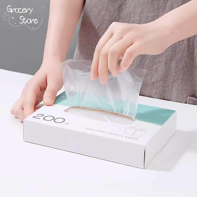 Grocery Store  ถุงมือพลาสติก ใช้แล้วทิ้ง 200 ชิ้น/กล่อง เหนียวพิเศษ หนาและทนทาน