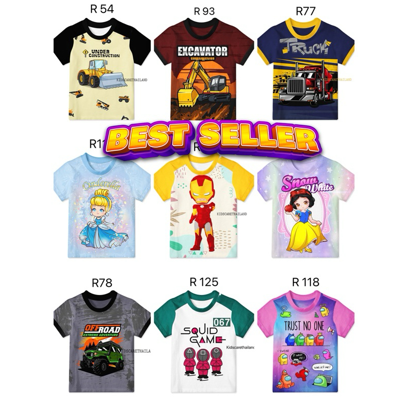 #พร้อมส่ง เสื้อเด็ก ลายรถ ลายฮีโร่ ลายเจ้าหญิง ผ้าแบบเสื้อกีฬา ใส่สบายไม่ร้อน พิมพ์ลายหน้าหลัง