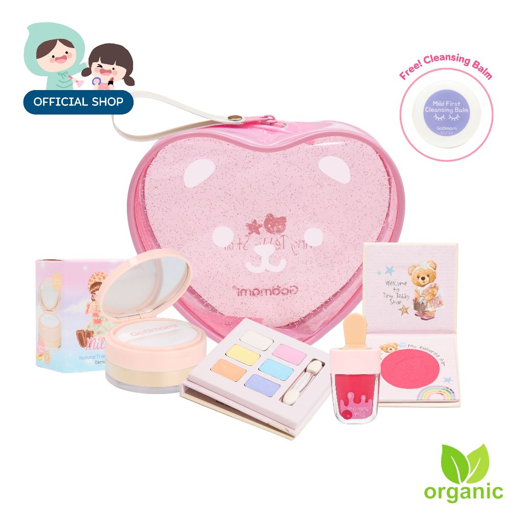 Godmami Teddy Star&I ชุดเครื่องสำอางออร์แกนิคสำหรับเด็ก 5 ชิ้น ชุดแต่งหน้าพร้อมกระเป๋าหัวใจกลิตเตอร์