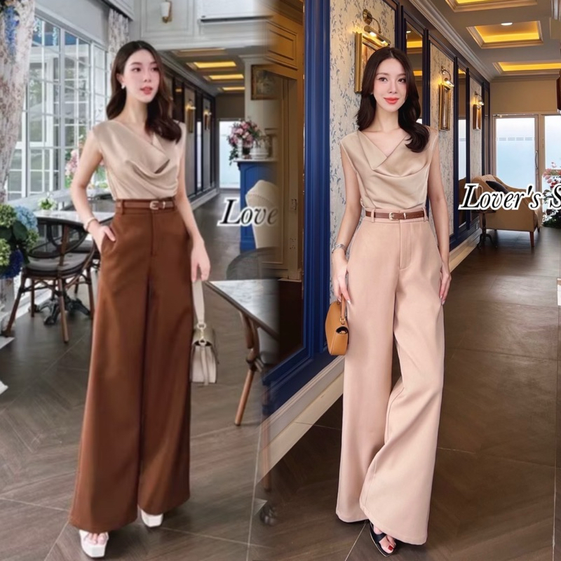 พร้อมส่ง Lover's Shop ::Set 3ชิ้นเสื้อ + กางเกงขายาวเอวสูง + เข็มขัดหนัง