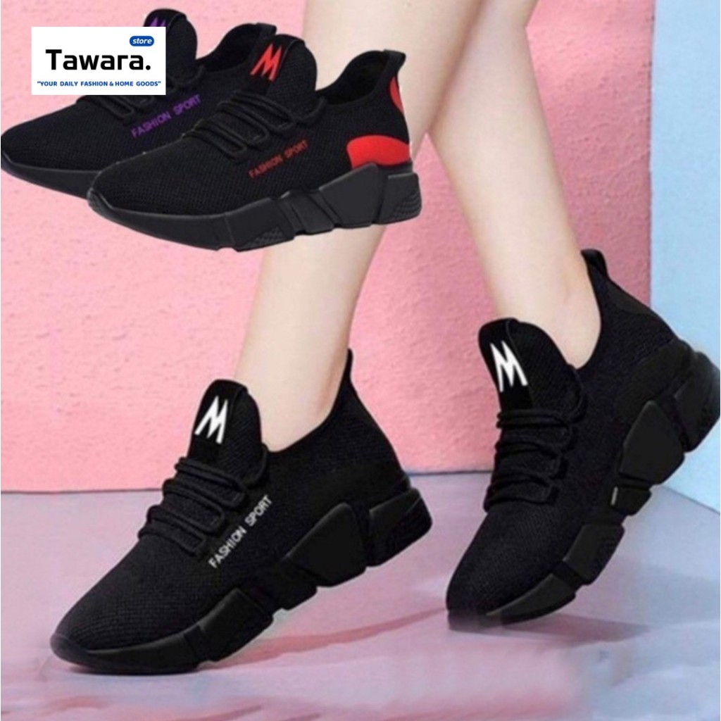 SE-043 รองเท้าผ้าใบผู้หญิง M Fashion Sport สีดำ แต่งลายสีสดใส ทรงสวย รองเท้าลำลอง ใส่ทำงาน ใส่เที่ยวได้