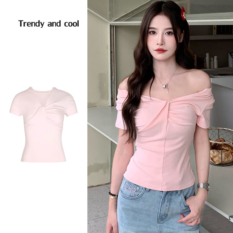 🚚พร้อมส่งจากกทม เซ็กซี่ สีชมพู เสื้อยืดแขนสั้นไหล่เดียวผู้หญิง สีทึบ ผอมเพรียว แฟชั่นเกาหลีย้อนยุค （หลากสี）