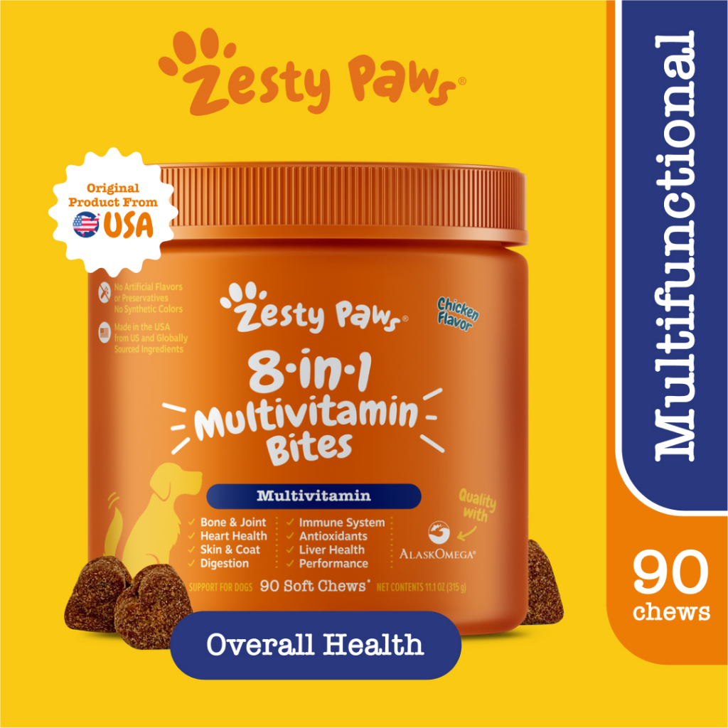 Zesty Paws 8-in-1 Multivitamin Bites for Dogs Overall Support ขนมสารพัดประโยชน์สำหรับสุนัข [รสไก่] (แบบนุ่ม 90 เม็ด) (หมดอายุ:07 2026) [ส่งเสริมการทำงานของสะโพกและข้อต่อ ดูสุขภาพหัวใจ,สุขภาพผิวหนัง,การทำงานของลำไส้ ,ระบบภูมิคุ้มกัน]
