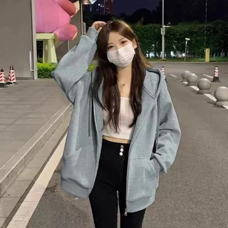 ฤดูหนาว สีทึบ เสื้อกันหนาวมีฮู้ด M-2XL สีม่วง คาร์ดิแกนซิปแขนยาว