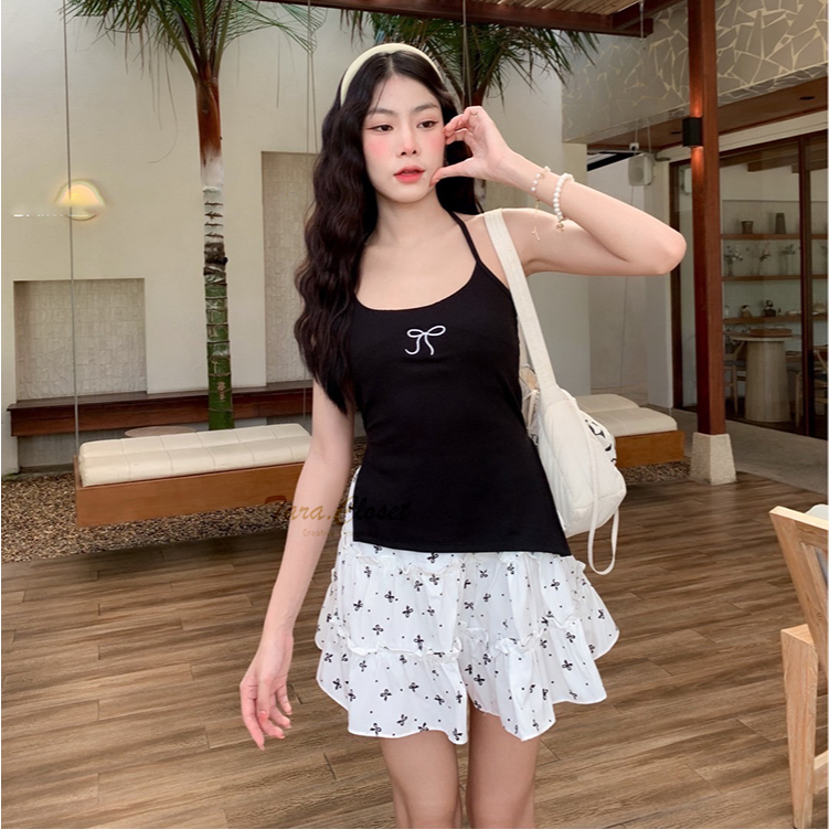 BA054 TARA Singlet เสื้อสายเดี่ยว คล้องคอ ผ่าข้าง ปักโบว์เวียดนาม เนื้อผ้าเรย่อน ผ้ายืด ผ้านิ่มอย่างดี ใส่สบาย ไม่ร้อน