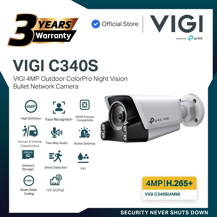 TP-LINK (VIGI C340S) VIGI 4MP Outdoor ColorPro Night Vision Bullet Network Camera